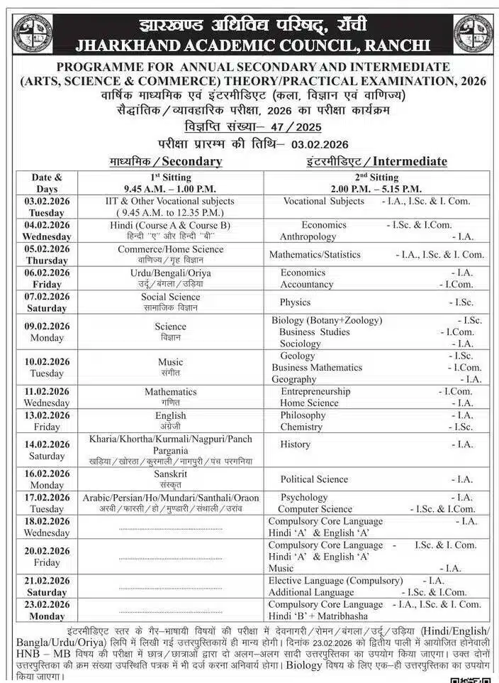 JAC Board 10th 12th Exam Routine 2026 