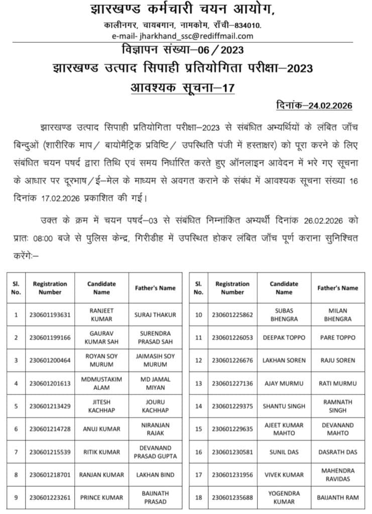 JSSC Utpad Sipahi Exam Candidate Pending List
